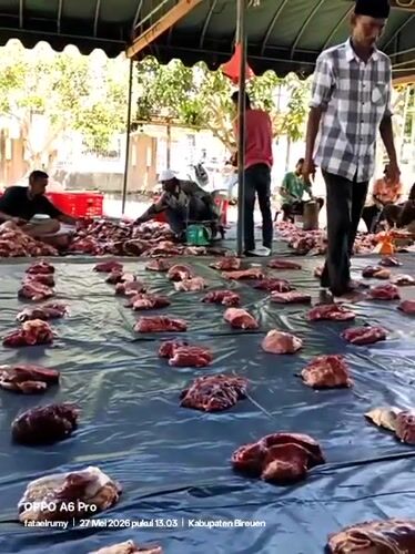 Community meat processing operation documented in Blangkutacoh, Indonesia