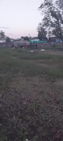 The video captures a rural or semi-rural setting at dusk in Aqsu city, Kazakhstan. The scene features a fenced-off area with sparse vegetation, including a large tree in the foreground and various low-lying plants and grasses. Beyond the fence, several simple, weathered buildings and structures are visible, suggesting a residential area or small settlement. The sky is a soft gradient of purple and pink, indicating the time of day is either sunrise or sunset. The overall mood is peaceful and quiet, typical of a rural evening. There are no people or distinct activities clearly depicted in the video, beyond the general impression of a still, undeveloped landscape. The lighting is dim, consistent with the twilight hours.
