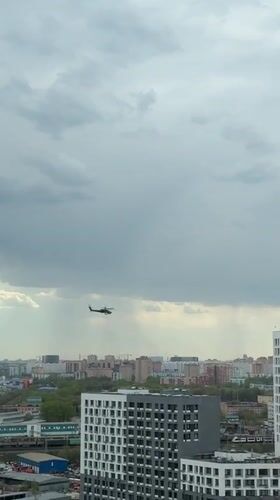 Military helicopter flies over Lyubertsy, Russia