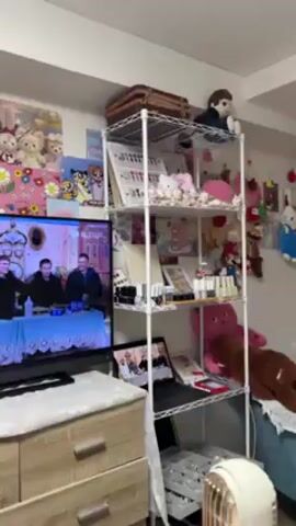 Here is a description of the video.

The video shows a room that seems to be lived in by a young person. There is a TV playing, a large white metal shelf filled with items such as nail polish, makeup, small stuffed animals and Hello Kitty merchandise, and an open laptop.  A person is lying on a chaise lounge, covered with a blanket. The walls are decorated with various images and decorations. There is also a dresser with several drawers, and a space heater. The room appears to be a bedroom or living space, and seems somewhat cluttered.
