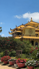Yellow temple with flowers documented in Da Lat, Vietnam