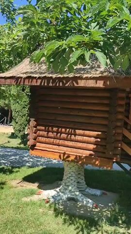 A wooden log cabin-like structure is supported by a stylized chicken leg base, situated outdoors on a grassy area with trees and sunlight filtering through the leaves. A wooden staircase leads up to the entrance of the structure, where a small child wearing a blue top and striped shorts can be seen standing. The child is looking out from the entrance. The camera pans slightly to the right, revealing more of the surrounding greenery and trees.