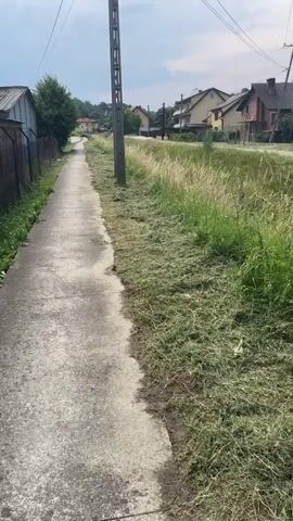 A concrete path runs alongside a grassy area where the grass has recently been cut, indicated by a line of cut grass. Two power line poles stand by the path. In the background, houses and trees are visible. The sky is cloudy.