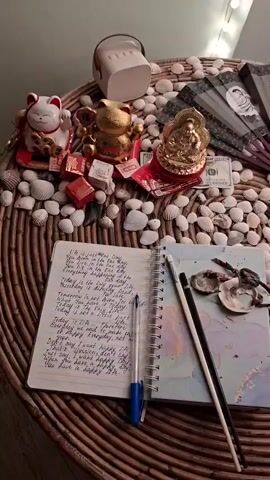 The video shows a close-up, top-down view of a round, woven table. The table is decorated with a scattering of seashells, some of which are larger and more prominent, while others are smaller and form a dense layer. In the center of the table, a spiral-bound notebook lies open, filled with handwritten text in cursive. A blue pen rests on top of the notebook, and two pencils lie next to it, one black and one white. To the right of the notebook, an open seashell with some dried organic material inside is visible. Behind the notebook, there are several decorative items. On the left, there is a white ceramic cat figurine with a red bib and a golden bell, and next to it, a golden lucky cat figurine. There are also a few small, red boxes. Further back, a small, golden Buddha statue is placed on a red cloth. Behind the Buddha statue, a stack of US dollar bills is visible. To the right of the Buddha statue, a partially unfurled black fan with red accents is displayed. The background is softly lit, with some bokeh lights visible at the top. The overall impression is one of a carefully arranged still life, possibly intended to evoke a sense of peace, spirituality, or contemplation.
