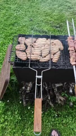 The video shows a barbecue with chicken and meat skewers being grilled over charcoal. The chicken is laid flat on a grill rack, while the meat is on skewers. Smoke rises from the grill, indicating the food is cooking. The barbecue is set up outdoors on a grassy area. The camera pans across the grill, showing the cooking process.