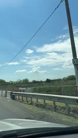 The video, shot from inside a vehicle, captures a sunny day in what appears to be a rural or semi-rural setting near Pervomaiskoye, Russia. The foreground shows the hood/dashboard of the vehicle and a dirt-lined paved road leading to a small bridge. The bridge features concrete barriers, some painted white and others grey, along with a metal guardrail.

Beyond the bridge, a narrow waterway, likely a canal or small river, is visible, flanked by lush green vegetation, possibly tall reeds or grasses. The sky is bright blue with scattered white cumulus clouds. A utility pole with a streetlight stands on the left side of the road, and power lines stretch across the frame.

Several workers are actively engaged in clearing vegetation along the roadside and near the bridge. They are wearing bright orange safety vests or shirts. At least one worker is operating a string trimmer (weed wacker), and piles of freshly cut green debris are visible on the ground, indicating ongoing maintenance work. The sound of the string trimmer and a child's voice can be heard in the background. The overall scene depicts outdoor labor under clear weather conditions.