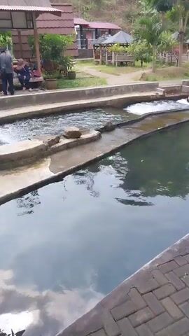 A short video shows a person carrying an inner tube and walking alongside a water channel. The person enters the water and swims away with the tube. Other people are visible in the background. The environment appears to be an outdoor recreational area with buildings and vegetation.