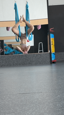 Aerial yoga session: multiple people suspended in fabric hammocks