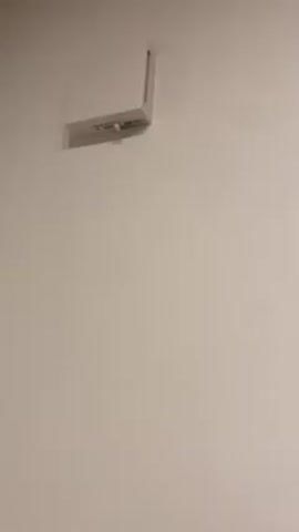 The video shows a section of a painted white wall. Near the top of the frame, a rectangular, white recessed box is affixed to the wall. Sound can be heard.