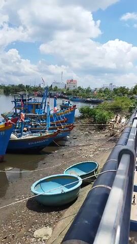 The video shows a body of water with several blue fishing boats docked along a muddy shoreline. The boats are of varying sizes, with some larger vessels having cabins and fishing equipment visible. Smaller, bowl-shaped boats are also present near the shore. The water is calm, reflecting the blue sky and white clouds above. Lush green vegetation lines the opposite bank of the water, and in the distance, buildings and more trees can be seen. The scene appears to be a harbor or a fishing village under a bright, sunny sky. There are no people visible in the video.