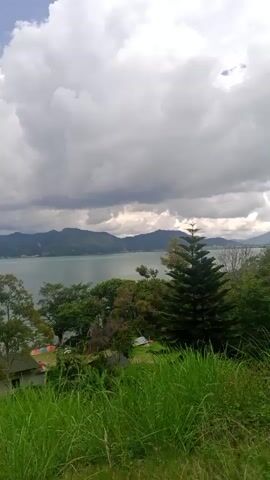 The video shows a landscape view of a lake with mountains in the background under a cloudy sky. In the foreground, there is lush green grass and several small buildings, possibly cottages or houses, with dark roofs. A tall evergreen tree stands to the right of the frame. The lake is calm and reflects the sky and surrounding landscape. The overall atmosphere is serene and natural.