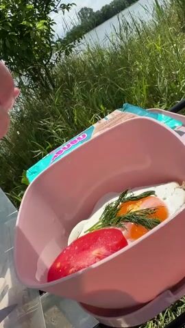 In a close-up shot, a pair of hands prepares food next to a body of water, possibly a lake. The hands, adorned with a ring on one finger, sprinkle salt from a small container onto a half-cut cucumber. A pink container holds a fried egg, garnished with dill, and a slice of tomato. Behind the container are a package of cookies and a clear plastic container. The background features green grass and lush vegetation, with the lake visible in the distance under a partly cloudy sky.
