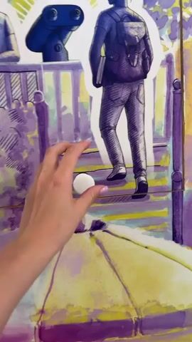 The video shows a close-up of a person's hand interacting with a display. The display appears to be a mural or artwork with cutouts of people. In the foreground, a hand is shown placing a small white object, possibly a button or a marker, onto a step in the artwork. The artwork depicts a scene with a set of stairs, a railing, and stylized trees and foliage in shades of purple and yellow. There are cutouts of two individuals on the stairs, one seen from behind wearing a backpack and holding a book, and another person facing forward with headphones. In the upper left corner of the artwork, a pair of binoculars is visible. As the video progresses, the hand lifts a small, hinged wooden frame revealing a plaque underneath. The plaque contains text in both English and German, along with an image. The English text reads "LIFE PERSPECTIVES" and describes how children from wealthy families gain diverse life perspectives, while children in poverty face limited opportunities and educational resources, making it difficult to imagine a successful future. The German text is a translation of this description. The image on the plaque shows hands holding binoculars, with different scenes visible through the lenses – one depicting a sunny landscape and the other a more somber, possibly apocalyptic scene. The video concludes with the hand closing the wooden frame, obscuring the plaque, and returning the view to the artwork with the cutouts. The overall impression is of an interactive exhibit or educational display that contrasts differing life opportunities.