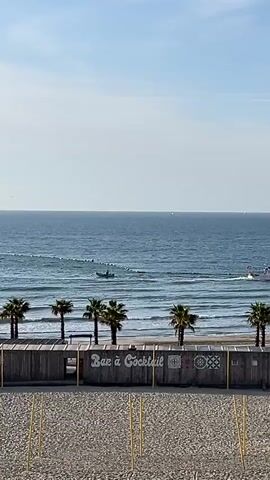 The video shows a daytime, wide shot of a beach and ocean. At the bottom of the frame is a sandy beach, with vertical yellow sticks spaced apart. Above the sand is a low, weathered fence decorated with graffiti patterns and text, including “Bar a Cocktail” and “Plage”. A row of small palm trees is planted behind the fence. Beyond the palm trees, the ocean stretches to the horizon under a clear sky. There are waves in the ocean and a small boat moving across the water, leaving a wake. A long string of white buoys is visible in the distance, extending horizontally across the frame. There are a few indistinct, dark shapes near the buoys, possibly people swimming or floating.