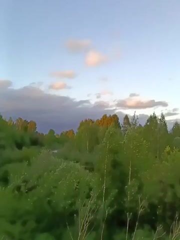 The camera pans down and to the right, revealing a small lake or pond surrounded by green trees and shrubs. The sky is a light blue with pink-tinged clouds. Some of the trees in the distance are lit with golden sunlight. The water reflects the trees and sky.