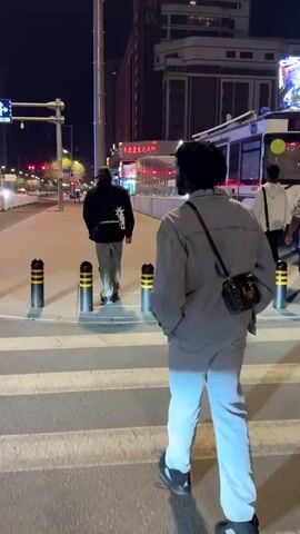 The video shows a night-time scene on a city street, likely in Shenhe District, China, given the context. Two individuals are walking away from the camera on a sidewalk. The person closer to the camera wears light-colored clothing and carries a small bag across their body. The second person, further ahead, wears a dark jacket and pants.

The setting is an urban environment illuminated by numerous artificial lights. A wide road with multiple lanes runs parallel to the sidewalk, and several vehicles, indicated by their headlights and taillights, are visible in the distance. Traffic lights can be seen overhead, and some appear to be green.

Along the sidewalk, several black and yellow bollards are present, delineating the pedestrian area from the road. A white crosswalk with distinct stripes is visible in the foreground. Buildings line both sides of the street, with some featuring illuminated signs displaying Chinese characters. A tall street light with a bright, circular lamp stands prominently near the crosswalk, casting light onto the scene. A single orange traffic cone is also visible on the side of the road. The sky is dark, indicating it is nighttime.