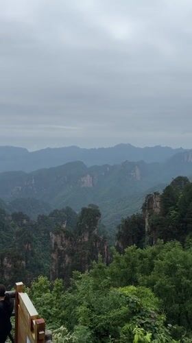 Tourist photographs scenic overlooks in Wulingyuan mountains