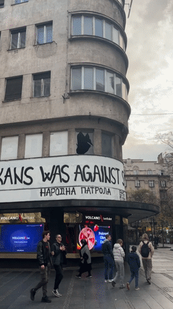 Political graffiti documented on Belgrade building