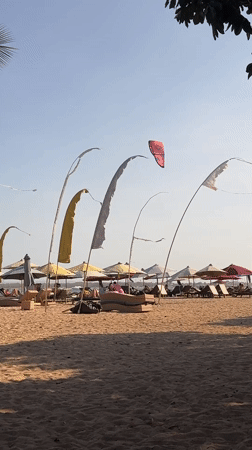 Kites, kitesurfers, and ceremony flags on a Bali beach