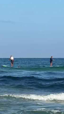 Two people are stand-up paddleboarding on the ocean. The water is blue with some whitecaps and waves. The sky is clear and blue. One person is on the left side of the frame, wearing a white shirt and dark shorts. The other person is on the right side of the frame, wearing a dark shirt and dark shorts. Both are holding paddles.