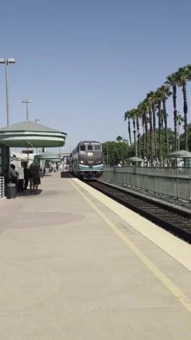 A train is approaching a train station platform. The train is black and teal and has two levels. There are palm trees and a blue sky in the background. Several people are visible on the platform, standing near a covered waiting area. The platform is made of concrete with yellow lines indicating the edge.