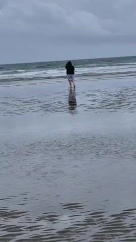 A person walks away from the camera on a wet, sandy beach. The person is wearing a dark hoodie and light-colored pants. The sky is overcast, and there are waves in the ocean. The person's reflection is visible in the water on the beach.