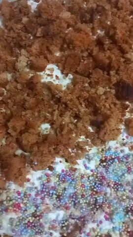 The video shows a close-up view of a rectangular cake. The cake has white frosting and is decorated with two distinct sections. The top section is covered with crumbled pieces of what appears to be a chocolate or gingerbread cake. The bottom section is covered with a dense layer of colorful round sprinkles. The sprinkles are a mix of white, pink, blue, yellow, and purple. The lighting is warm, suggesting it might be indoors. The camera is stationary and focused on the cake's surface.