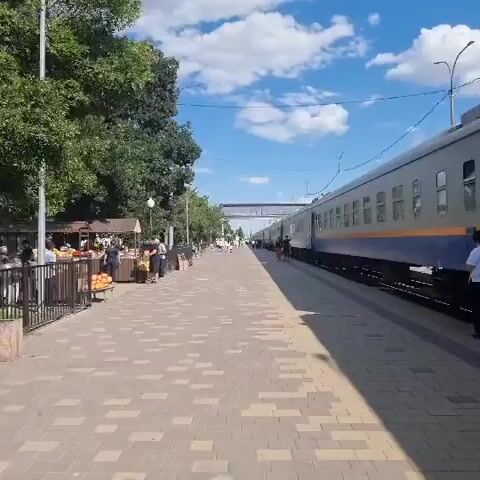 The video shows a train stopped at a station. On the left side of the platform, there are market stalls with people buying and selling goods, primarily fruits. On the right side of the platform, the train is visible, with passengers potentially disembarking or waiting. The platform is paved with interlocking stones, and there are trees and a blue sky with clouds in the background. The overall scene depicts a busy railway station with a market in operation.