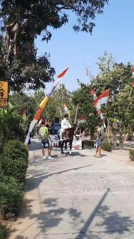 A person on horseback, dressed in white, is being led by another person. They are on a paved road lined with trees and bushes. Several flags, red and white, are visible, suggesting a celebration or event. There are other people present, some observing and some participating. A sign with an image of children and text is attached to a post on the left side of the road. The sky is clear and blue.