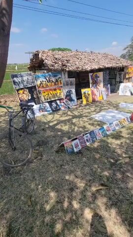 The video shows an outdoor art stall in what appears to be a rural setting. The stall is a simple structure with a thatched roof. A bicycle is parked to the left. Many paintings are displayed, some leaning against the stall and others spread on the ground. The paintings feature wildlife, such as lions and elephants, and portraits of people. The ground is covered in dry grass, and there are trees in the background. The sky is blue with some clouds.