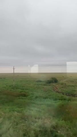 A wide shot shows a cloudy sky over a vast green field with scattered trees and bushes. A rough path winds through the grass. In the distance, a thin line of trees marks the horizon. Power lines stretch across the sky. The video appears to be filmed from a moving vehicle, indicated by the slight blur and reflections on the left side of the frame.