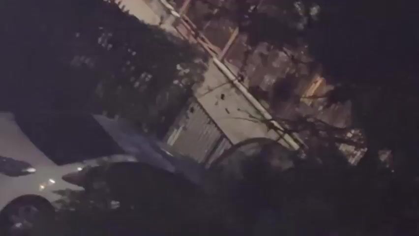 A brief video shows a car parked at night. The car appears to be white and is partially obscured by foliage. In the background, a building with a railing is visible, illuminated by what appears to be streetlights. The scene is dark and the image quality is poor.
