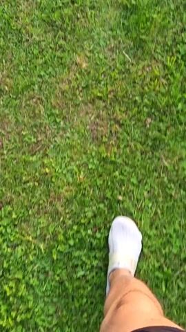 The video begins with a close-up shot of grass, then pans upwards to reveal a large green bush. The camera continues to pan up and to the right, revealing a body of water and a sunset. The sky is filled with clouds, and the sun is setting over the water, casting a warm glow. The scene is peaceful and serene.