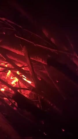 The video shows a close-up view of a bonfire at night. The camera angle is low and tilted, focusing on the burning logs and embers. The fire is intense, with bright red and orange flames visible through the gaps between the wood. The surrounding darkness suggests that it is nighttime. The video captures the dynamic nature of the fire, with flames flickering and shifting. There are no people or other objects visible in the frame, just the burning wood. The overall impression is one of raw, natural energy and the primal power of fire.