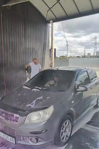 A man in a white t-shirt is washing a gray Chevrolet Aveo with a high-pressure washer at a car wash. The car is covered in soap suds, and pink foam is visible on the lower part of the car and on the ground. Inside the car, a person is visible in the driver's seat, holding a small animal that appears to be a cat. The car wash appears to be an open-air structure with a metal roof and dark gray siding. The background shows trees, buildings, and utility poles under a cloudy sky. Another car, a blue sedan, drives by in the background.