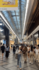 Inside Osaka's covered shopping arcade, instruments and foot traffic