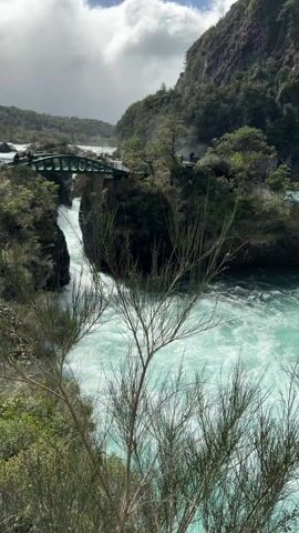 The video captures a stunning natural landscape featuring a powerful, turquoise river flowing through a forested gorge. The opening shot presents a wide view of the scene, with a distinctive green metal bridge spanning the river at a point where the water accelerates into a series of rapids. On the bridge and on a distant viewing platform to the left, several small figures of people can be seen observing the spectacle.

The river, a striking bright turquoise color, is the central subject, particularly as it forms turbulent whitewater rapids. The surrounding terrain consists of steep, forested mountainsides, densely covered with lush green trees and rocky outcrops. The sky overhead is bright but cloudy, indicating daytime conditions.

As the camera slowly pans downwards and to the right, it brings the intense flow of the river into sharper focus. The water exhibits a mesmerizing mix of deep emerald upstream, transitioning to a vibrant, almost ethereal turquoise as it churns, foams, and creates powerful waves downstream. The river's banks are rocky, with dark stones visible at the waterline, bordered by the dense green foliage of the forest. Out-of-focus branches and twigs are visible in the immediate foreground, framing the dynamic water scene. The video conveys a sense of the immense natural power and beauty of the river and its surrounding environment, characteristic of regions like Puerto Varas, Chile. There is no visible text.