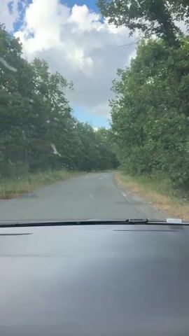A first-person perspective video shows a car driving on a paved road lined with trees. The sky is blue with white clouds. The road curves to the right. There are some wet patches on the road.
