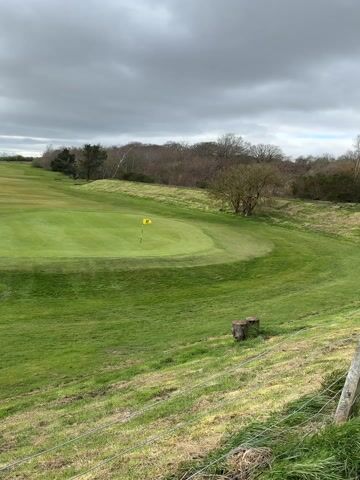 This video captures various views of a golf course under an overcast sky.

The initial shot focuses on a well-maintained green with a yellow flag marking the hole, seen from a higher vantage point behind a wire fence and a wooden post. Beyond the green, a gradual incline of grass leads to a line of trees, with more distant greenery and a hint of buildings further back.

As the camera pans to the left, it reveals a wider expanse of the golf course, showing a broad fairway, a sand bunker, and a solitary tree in the middle distance. More buildings are visible on the horizon, nestled among trees. The panoramic view continues, showcasing rolling green terrain, lines of trees, and another section of the fairway, eventually panning past a bare-branched tree in the foreground.

The sky is heavily clouded throughout the video, creating a soft, diffused light over the landscape. The overall setting is a golf course in a somewhat rural or suburban area, with natural greenery and distant architecture. No people or visible text are present in the video.
