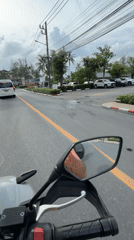 Motorcyclist takes selfie on palm-lined road in Thailand