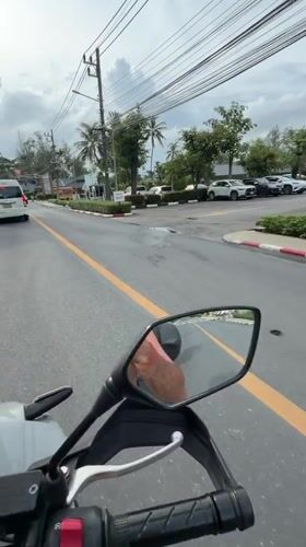 Motorcyclist takes selfie on palm-lined road in Thailand