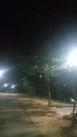 A night video shows a paved road under streetlights. Trees line the right side of the road, and more streetlights and some buildings are visible in the distance on the left. The camera is moving, suggesting it is mounted on a vehicle or held by someone walking. The lighting is dim, and the focus is somewhat blurred.