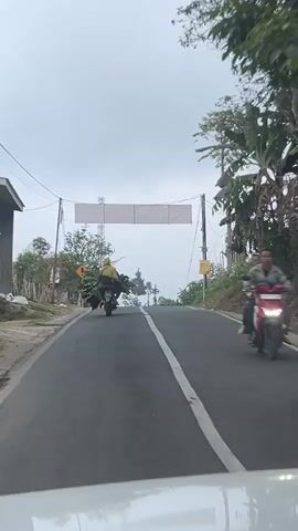 A motorcycle rider wearing a yellow hooded jacket is traveling down a paved road, carrying a large load of greenery on the back of the motorcycle. The rider is positioned in the center of the frame, moving away from the camera. A banner is strung across the road above the motorcycle. The environment appears to be rural, with trees and vegetation lining the sides of the road. The sky is overcast. There are power lines visible in the background, and a cell tower further in the distance. The road has a white line marking the center. Another motorcycle is visible further down the road, to the right.