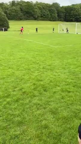 Here is a detailed description of the video, providing a concise, forensic, and matter-of-fact analysis:

The video shows a soccer/football match being played on a green grass field. Initially, a player wearing a red shirt and black shorts is positioned near the center of the frame, facing a goal. A goalkeeper is positioned within the goal, preparing for a shot. Several other players are scattered around the field, with more individuals visible on the sidelines.

The player in red takes a shot toward the goal, scoring a goal. The crowd on the sidelines reacts with shouts of excitement. The camera briefly focuses on a man wearing a black jacket before panning to show a wider view of the field and the crowd. The environment is a grassy field surrounded by trees under an overcast sky.