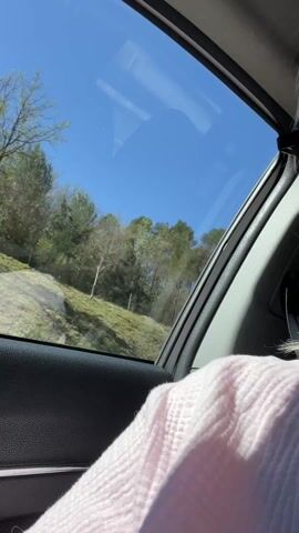A woman with blonde hair and glasses is shown from the chest up, inside a car, looking out the side window. She is wearing a light pink sweater and a seatbelt. The car is moving, and the scenery outside the window is a hillside with trees and a clear blue sky.  The car's interior is visible, including the door panel and part of the dashboard. There is conversation happening inside the car.