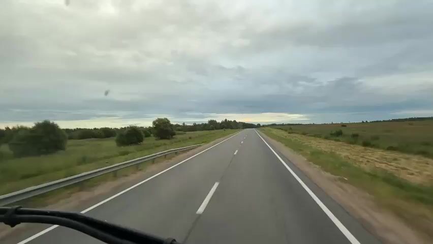 A first-person perspective video shows a car driving down an asphalt road through a rural landscape. The road has white lines marking the lanes and a metal guardrail on the left side. The surrounding environment consists of green fields and trees, with a cloudy sky overhead. The car's steering wheel is visible in the foreground, indicating the camera is mounted inside the vehicle. The video captures the smooth movement of the car as it travels along the open road.