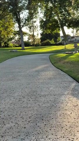 A paved pathway curves through a grassy park area. Sunlight filters through the leaves of several large trees, casting dappled shadows on the path and the well-manicured lawn. A few large rocks and a stone garden ornament are visible on the grass. In the background, there are houses and more trees. The sky is clear and blue.