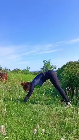 A woman with red hair pulled back in a bun performs a yoga routine in a grassy field under a clear blue sky. She is wearing a black long-sleeved athletic top with a patterned neckline and black leggings. The video shows her moving through several yoga poses, including a plank, a cobra pose, and a downward-facing dog. The environment is natural, with green grass, wild flowers, and trees in the background. The scene is well-lit by natural sunlight.