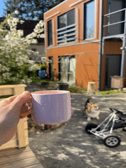Morning coffee moment captured on sunny patio in Gangloff