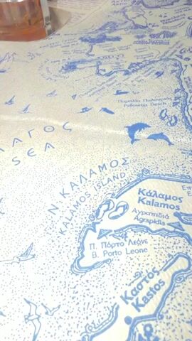 A close-up, overhead shot of a blue and white map printed on a cloth surface. The map depicts islands and coastlines with a stylized, dotted texture for land and speckles for the sea. Key locations labeled in blue include "KALAMOS ISLAND," "Kalamos," "Agrpidia," "B. Porto Leone," and "Kastos." Dolphins and seagulls are illustrated in the water. In the upper left corner, a portion of a glass with an amber liquid is visible, along with a white object that appears to be a coaster or napkin. The lighting is dim, casting shadows on the map.